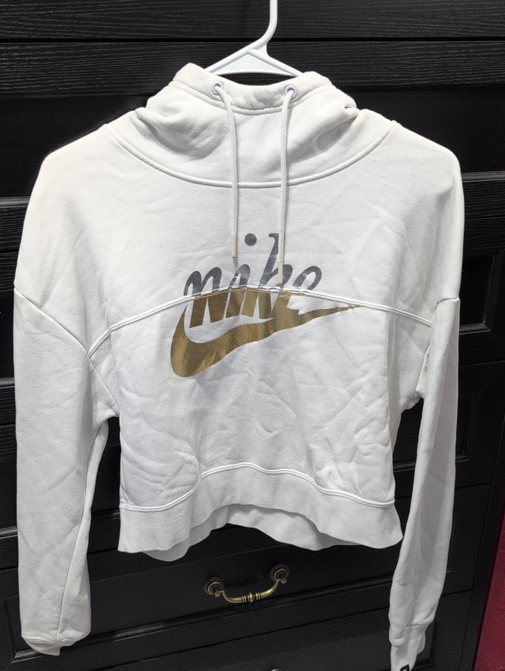 Nike White Cropped Hoodie with Gold Swoosh and Gray Script
